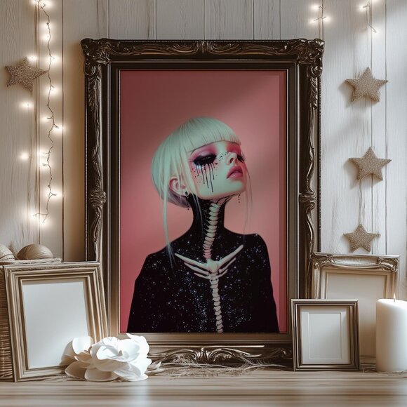 8.5x11 Goth Girl Skeleton Art Print | Surreal Blonde Doll Portrait - Picture 3 of 4